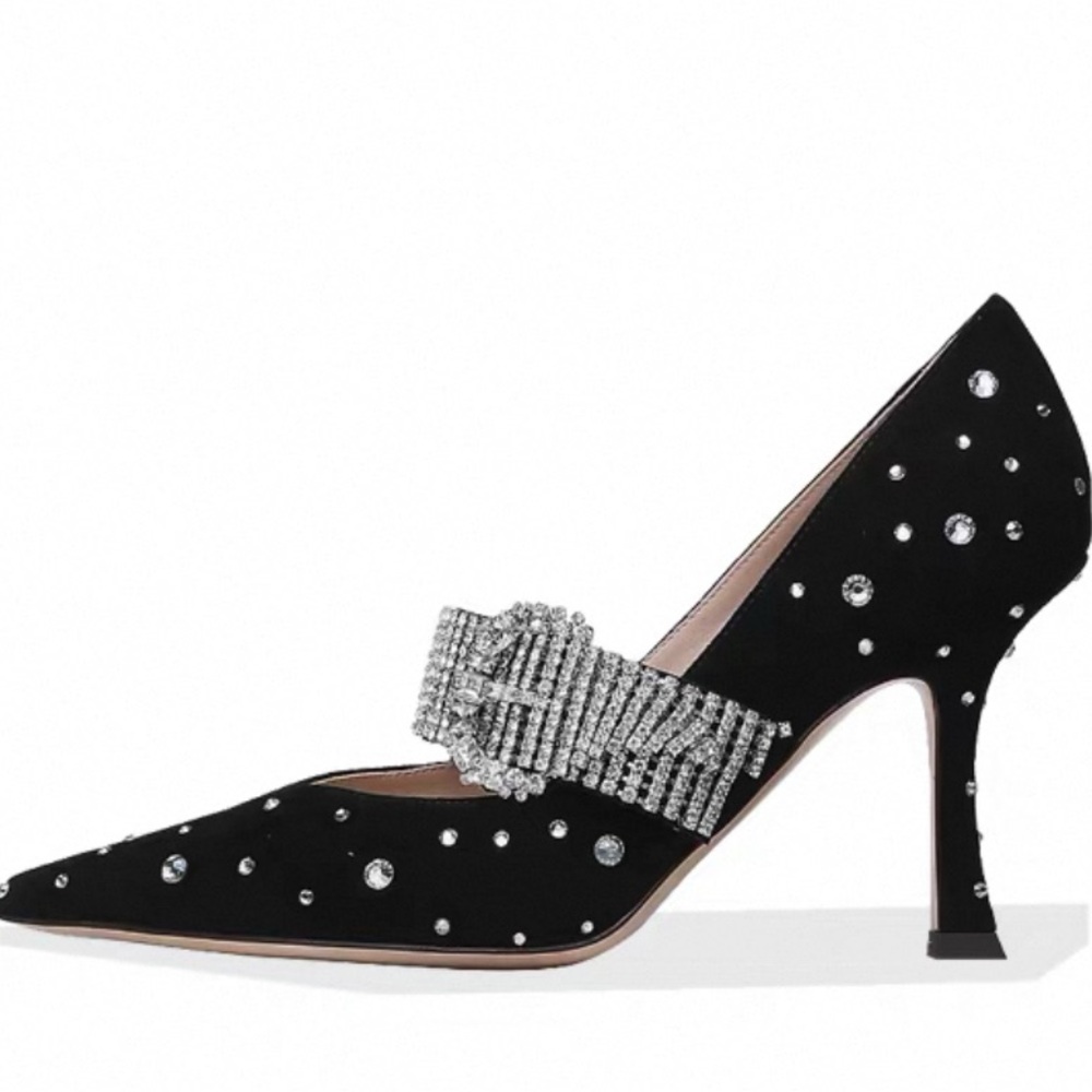 Brand new Elegant Black Suede Heels with Rhinestone Accents